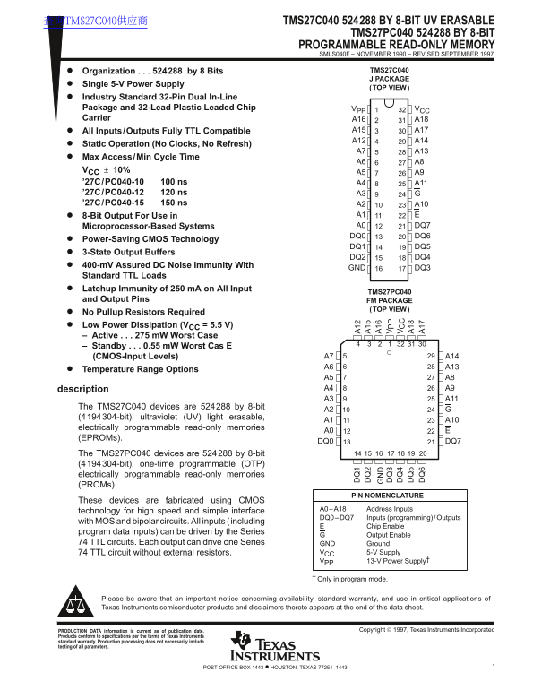Texas Instruments TMS27C040 524288 by 8-bit UV erasable TMS27PC040 524288 by 8-bit programmable read-only memory Data Manual (1) User Guide - Page 1