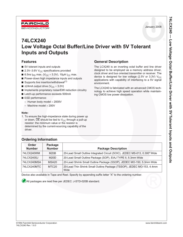 Fairchild 74LCX240 Data Handbook - Page 1