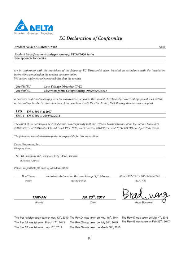 Delta Industrial Automation Inverter C2000 Plus, C2000 Safety Certificate - Page 1