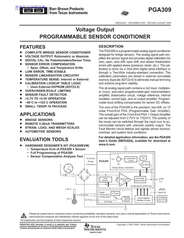 Texas Instruments PGA309 Data Sheet/Manual - Page 1