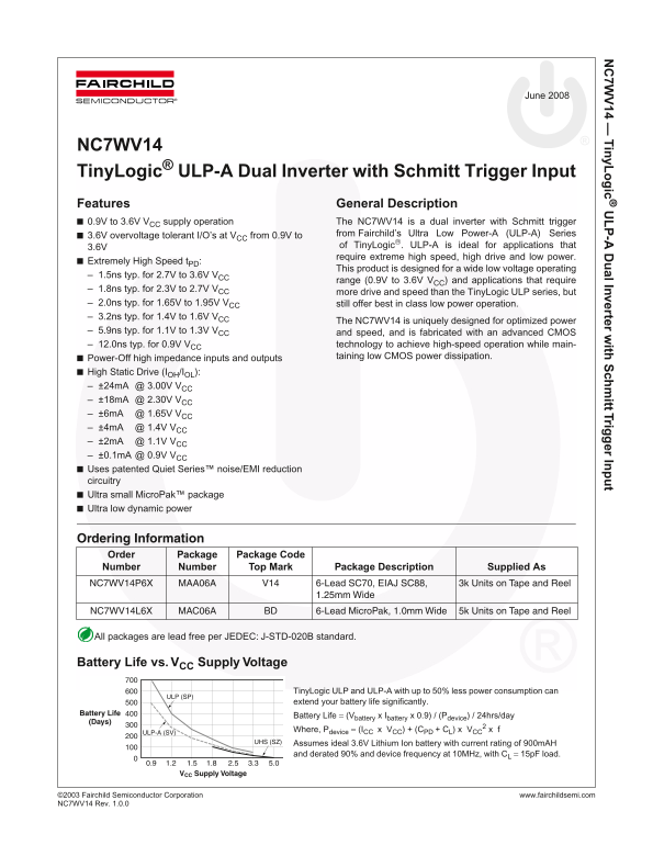 Fairchild NC7WV14 TinyLogic ULP- A Dual Inverter with Schmitt Trigger Input Data Manual - Page 1