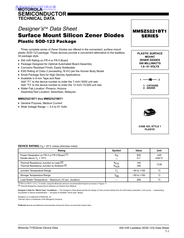 Motorola Semiconductor MMSZ5221BT1 SERIES Data Sheet User Manual - Page 1