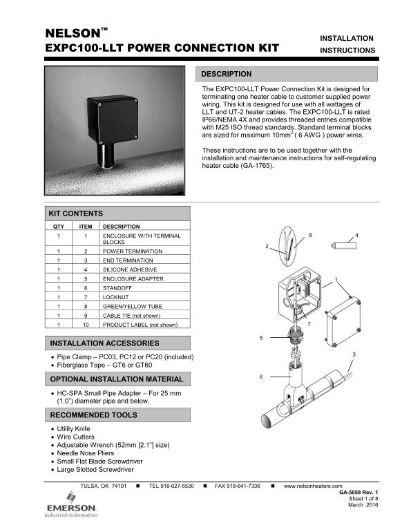 EMERSON Instruction Sheet GA-5058, EXPC100-LLT Power Connection Kit - Page 1