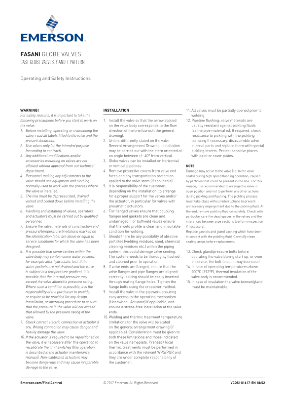 EMERSON Guide Globe Valves, Fasani-EN Manual - Page 1