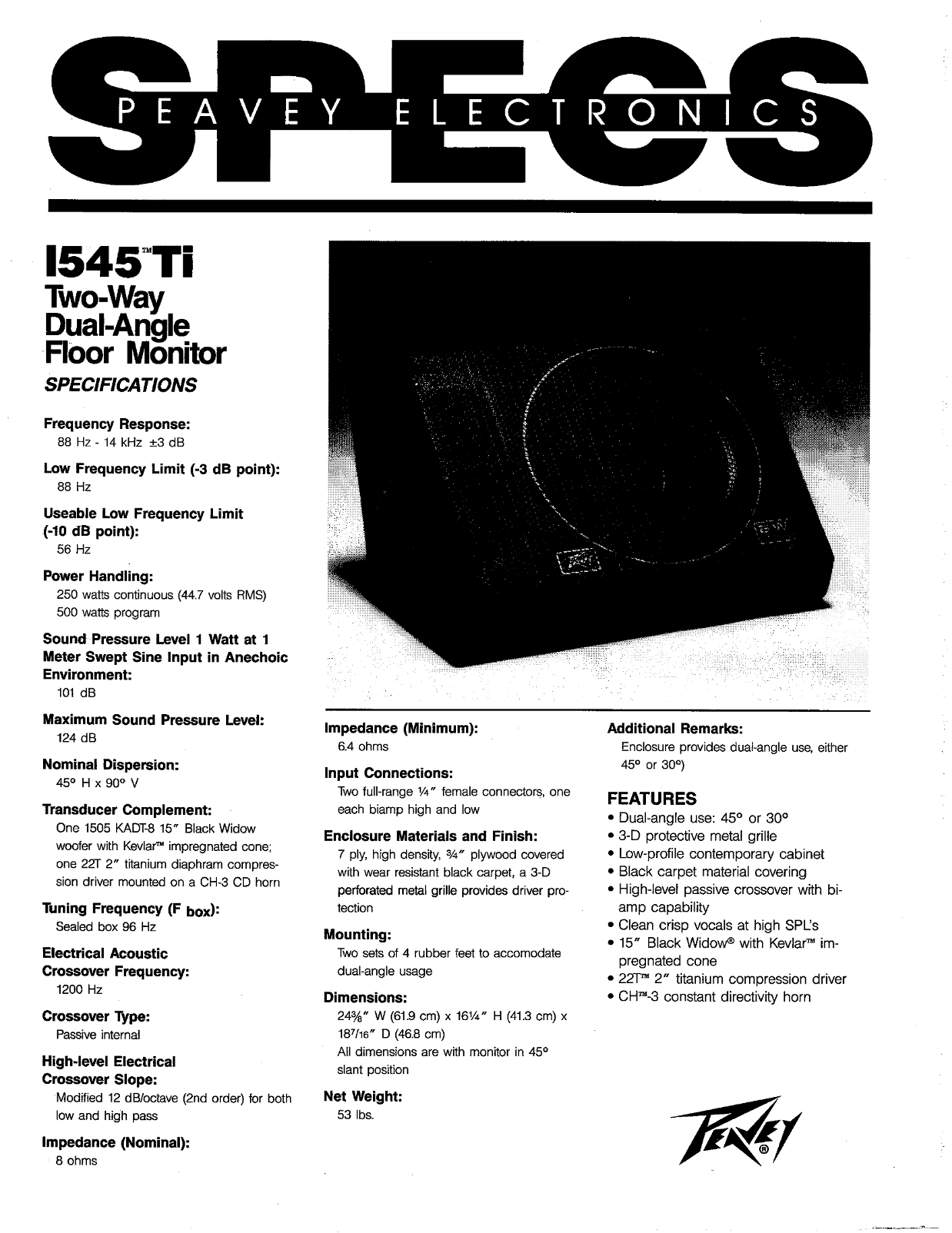 1545 Ti Two-Way Dual-Angle Floor Monitor Specifications - Page 1