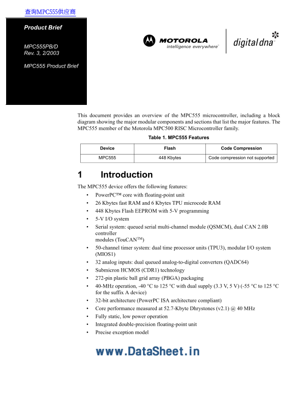 MOTOROLA MPC555PB D Rev. 3, 2 2003 MPC555 Product Brief - Page 1