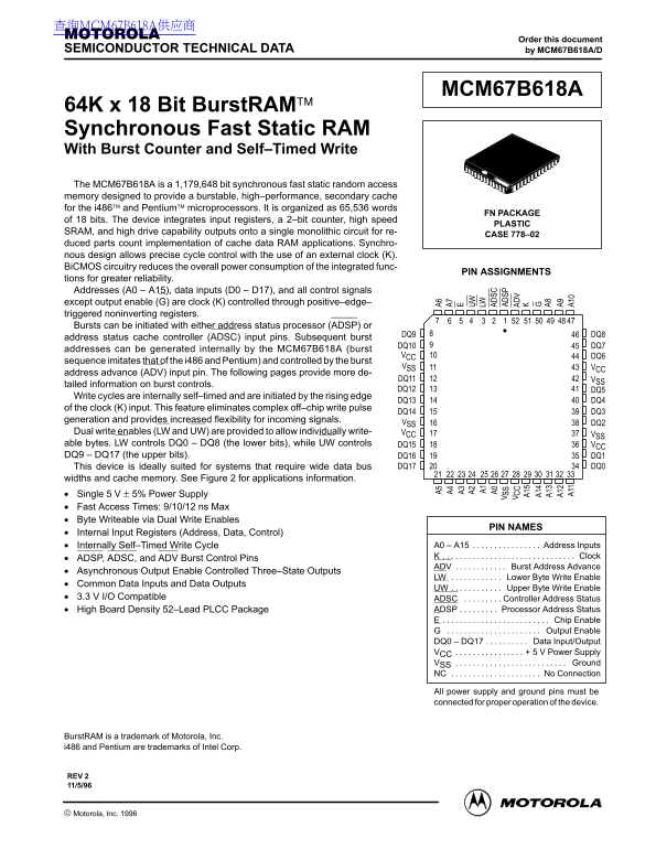 Motorola MCM67B618A Data Sheet - Page 1