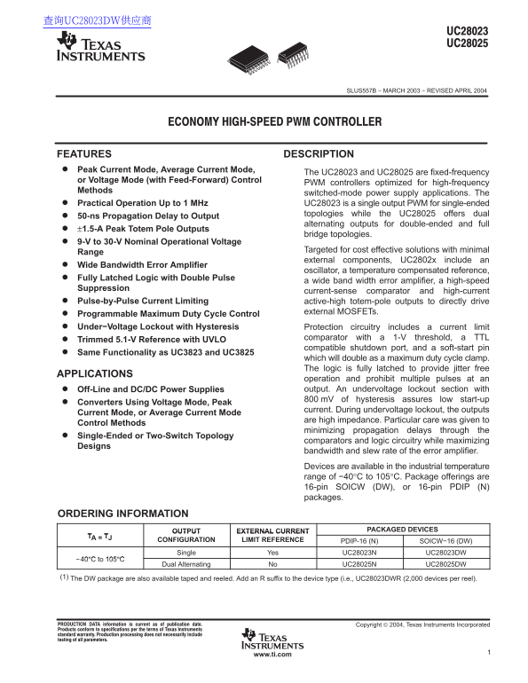 Texas Instruments UC28023 UC28025 Data Sheet - Page 1