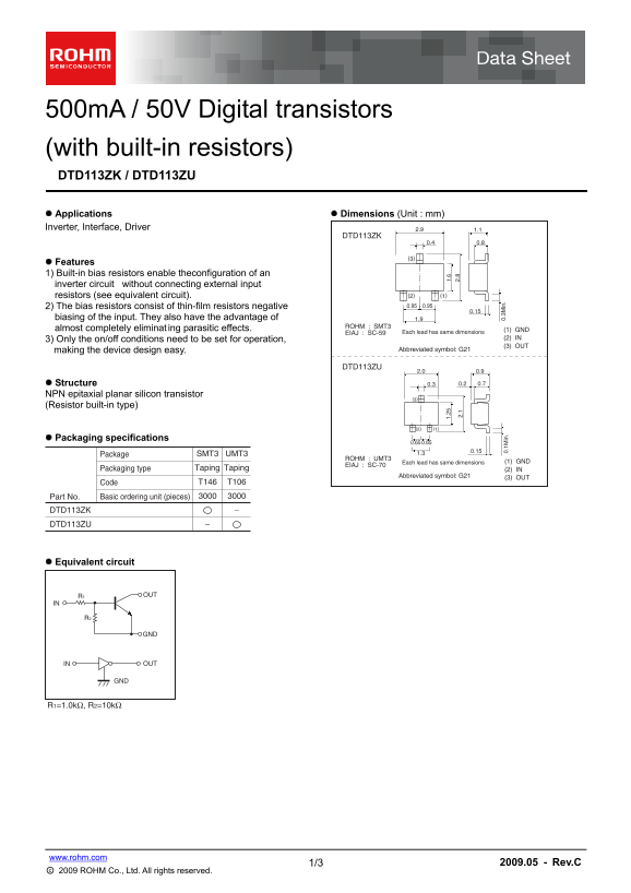 ROHM DTD113ZK DTD113ZU Data Sheet - Page 1