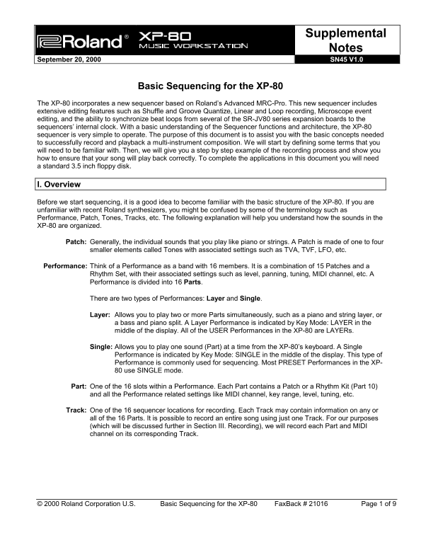Roland XP-80 Music Workstation - Basic Sequencing Guide for the XP-80 Support Documentation - Page 1
