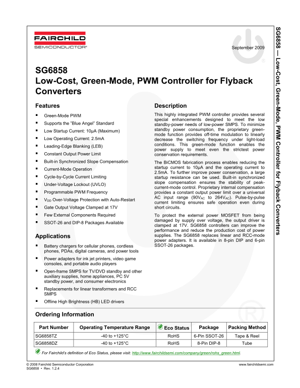 Fairchild SG6858 Low-Cost, Green-Mode PWM Controller Data Sheet for Flyback Converters - Page 1