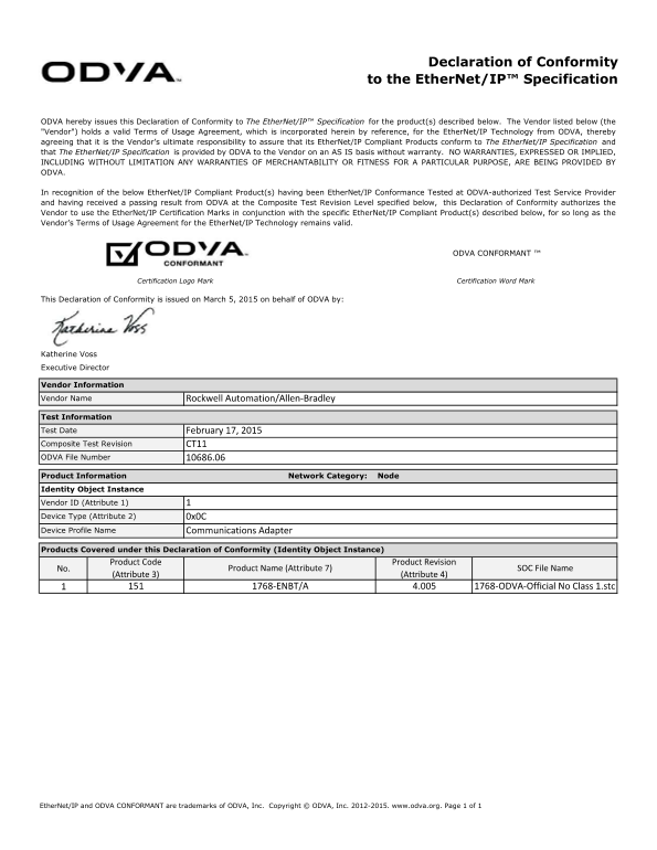 Rockwell Automation 1768-ENBT A - ODVA Certificate User's Manual and Specifications - Page 1