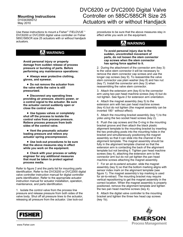 EMERSON Mounting Instructions DVC6200 or DVC2000 Digital Valve Controller on 585C 585CR Size 25 Actuators With or Without Handjack Fisher - Page 1
