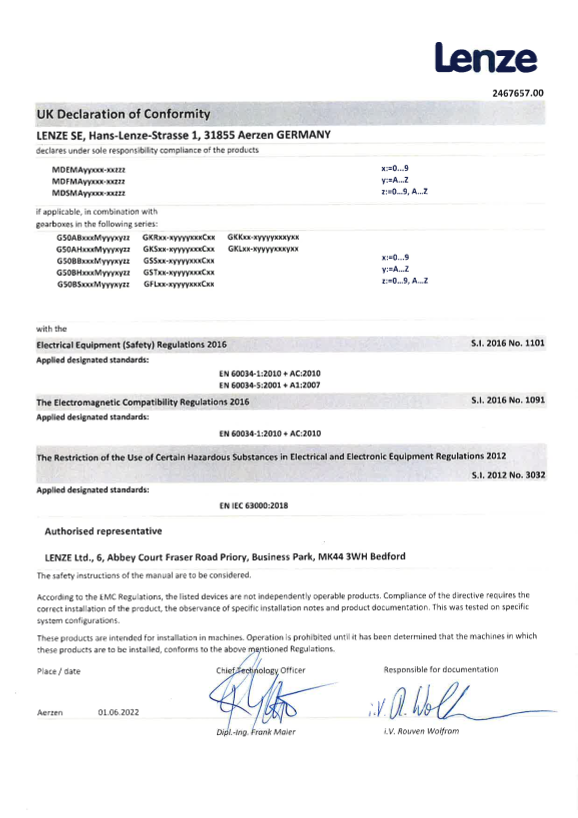 Lenze Motors-ACMx Three-Phase AC Motors MD Three-Phase AC Motors Certification and Declaration UKCA DoC Geared Motor MDxMA (Language EN) - Page 1