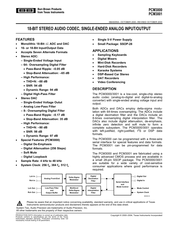 TI Texas Instruments PCM3000 PCM3001 Data Sheet Manual - Page 1