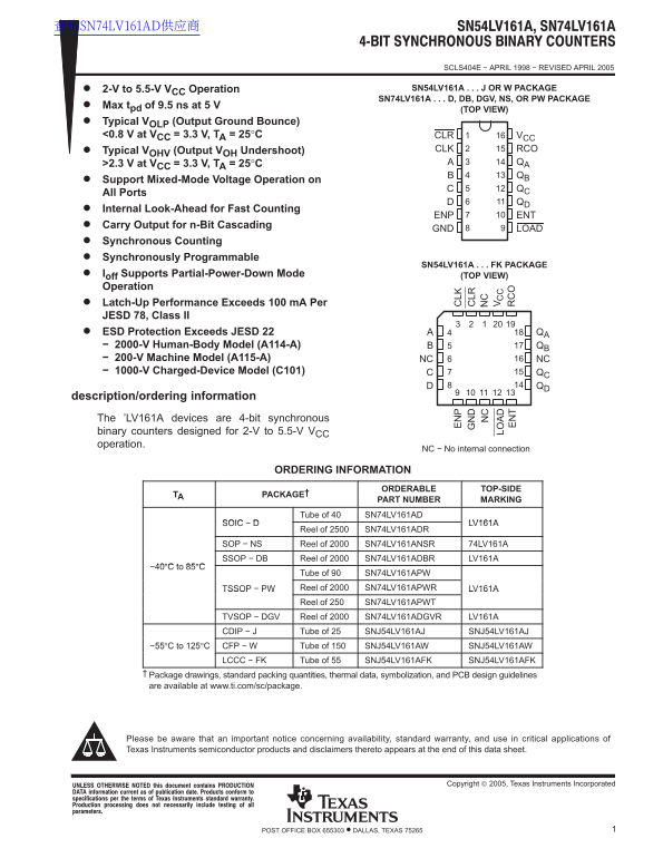 Texas Instruments SN54LV161A & SN74LV161A Datasheets & User Manuals - Page 1