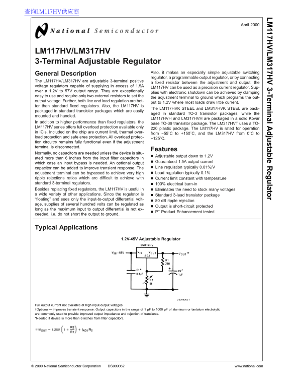 National Semiconductor LM117HV LM317HV 3-Terminal Adjustable Regulator Data Sheet - Page 1