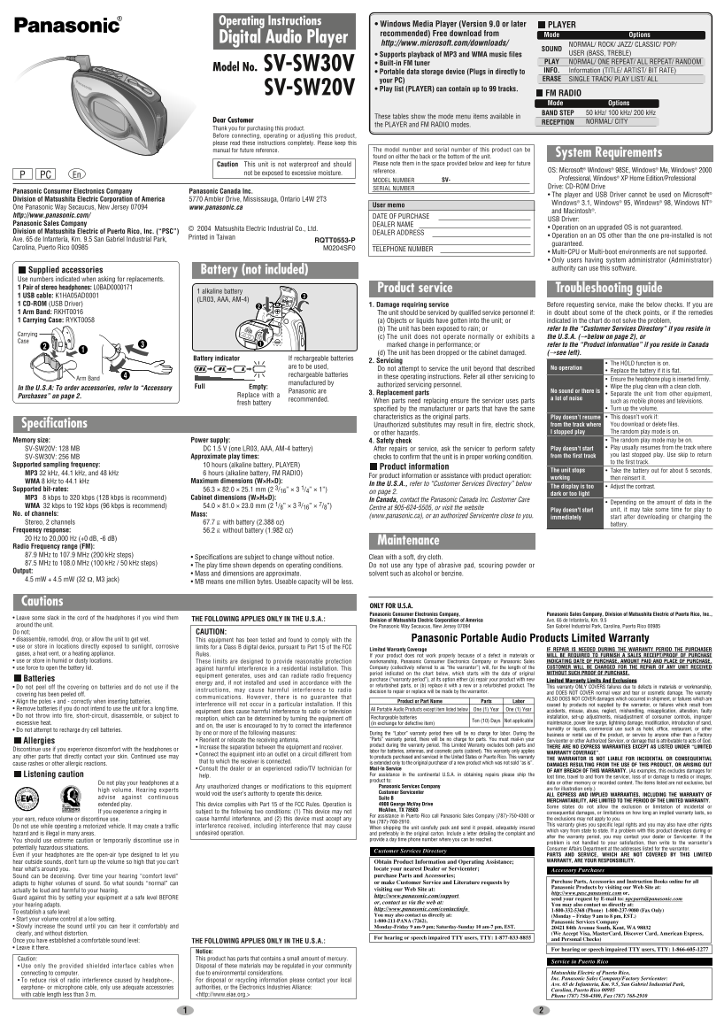 Panasonic SV-SW30V SV-SW20V User's Manual - Page 1