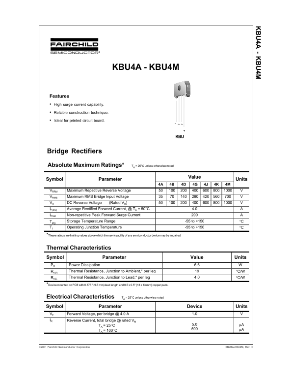 Fairchild KBU4A-KBU4M Bridge Rectifiers Data Handbook - Page 1