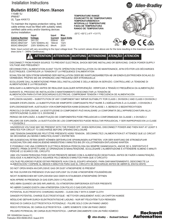 Rockwell Automation 855XC Xenon Horn Combination Instruction Sheet - Page 1