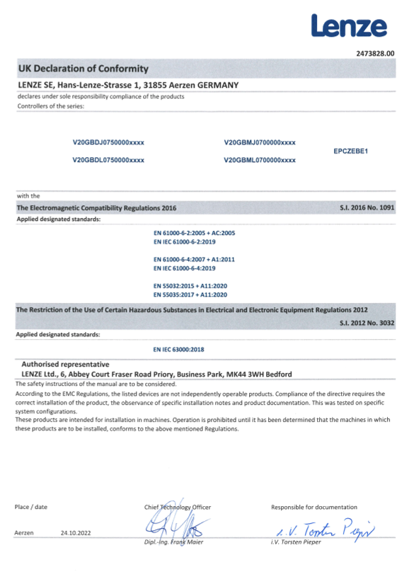 Lenze Controls-HMIs Monitor v200 Monitor v200-P Certifications and Declarations UKCA DoC Monitor v200 (Language EN) - Page 1