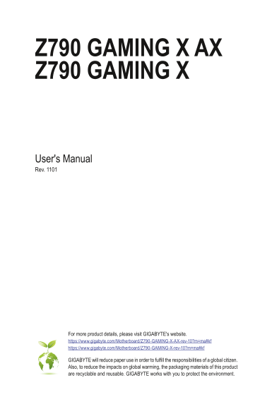 GIGABYTE Motherboard Z790 GAMING X (Rev.1.0) User Manual English (Version 1101) - Page 1