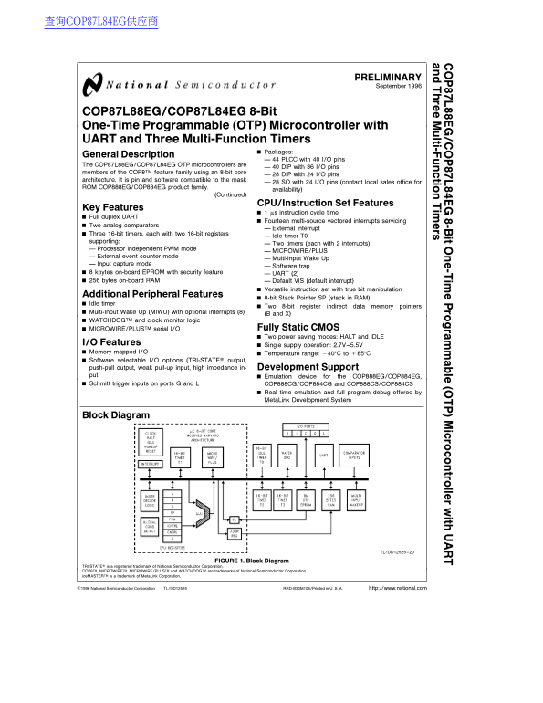 National Semiconductor COP87L88EG COP87L84EG 8-Bit One-Time Programmable (OTP) Microcontroller Data Sheet Manual - Page 1