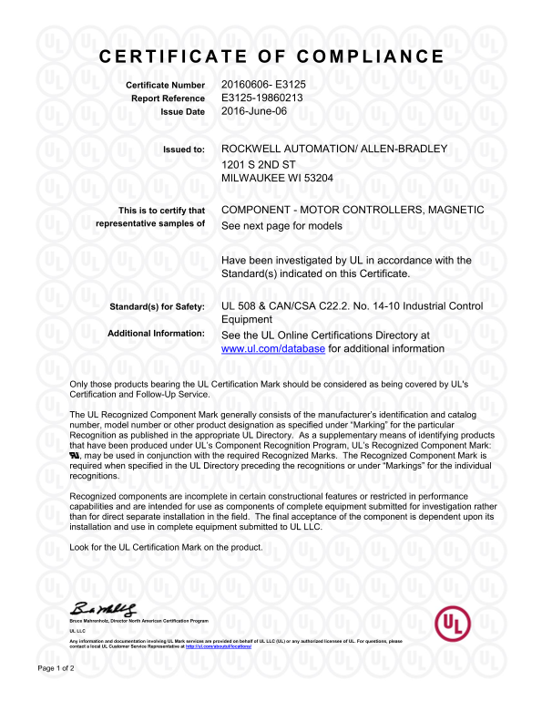 Rockwell Automation 599- P01, -P2, -P3, -P4 Magnetic Motor Controllers - UL COC - Page 1