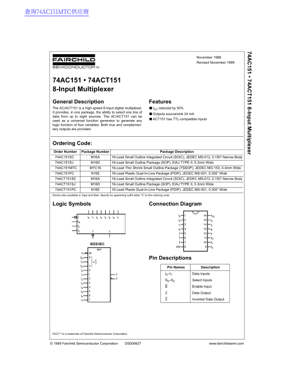 FAIRCHILD 74AC151 • 74ACT151 8-Channel Multiplexer Data Sheet - Page 1