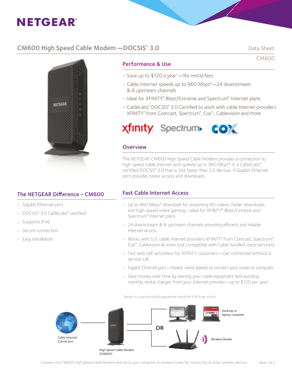 Netgear CM600 - High Speed Cable Modem Product Data Sheet - Page 1