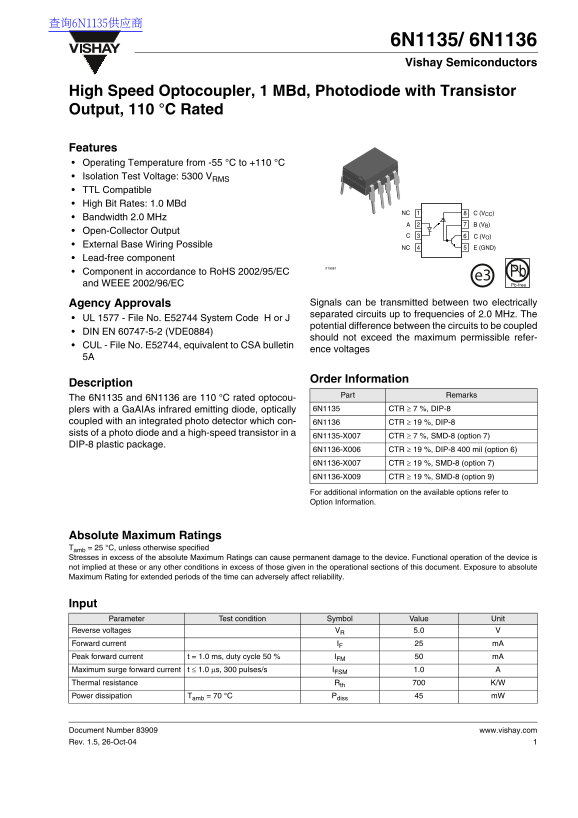 Vishay 6N1135 6N1136 Data Sheet - Page 1