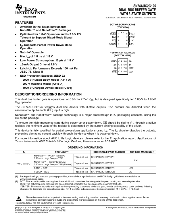 Texas Instruments SN74AUC2G125 Dual Bus Buffer Gate with 3-State Outputs - Data Sheet, Owner's Manual & User Guide - Page 1