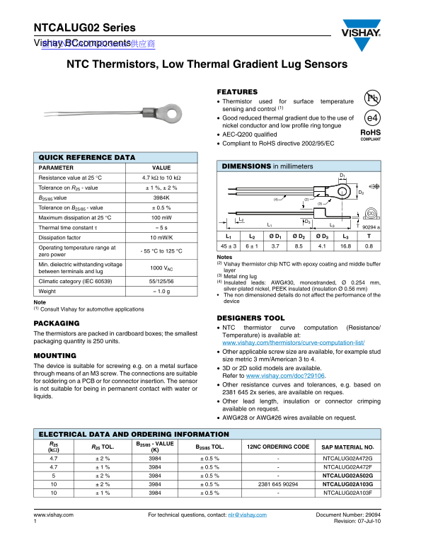 Vishay NTCALUG02 Series Data Sheet - Page 1