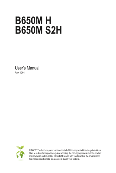 Gigabyte Motherboard B650M S2H (Rev.1.0) User Manual - English (Version 1001) - Page 1