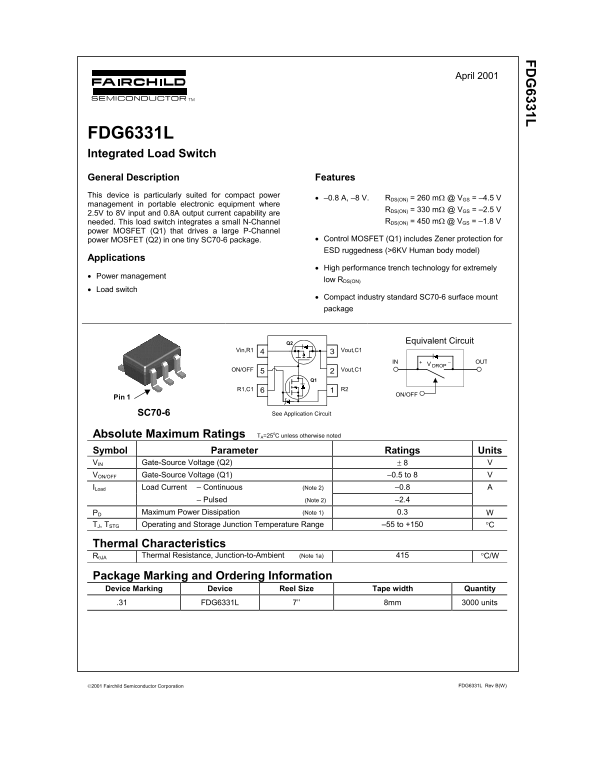 Fairchild FDG6331L Integrated Load Switch Data Sheet - Page 1
