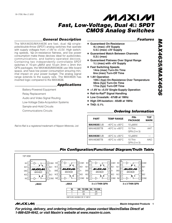 MAXIM MAX4635 MAX4636 Fast Dual 4Ω SPDT CMOS Analog Switches Datasheet - Page 1