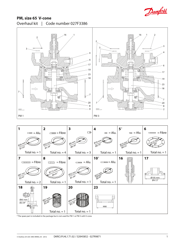 Danfoss Overhaul Kit, PM, Size 65 (V-Cone) - Code Number 027F3386 Installation Guide - Page 1