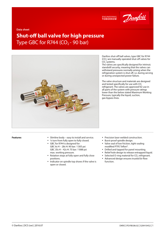 Danfoss Ball Valve, Type GBC for CO2 Applications (90 75 Bar) Datasheet - Page 1