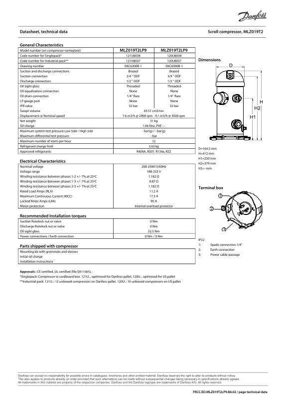 Danfoss Datasheets MLZ019T2 - Page 1