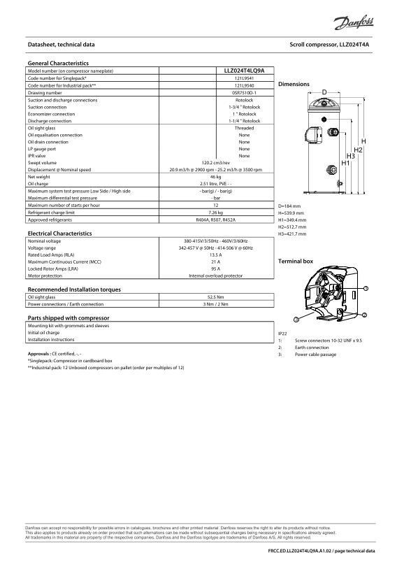 Danfoss Datasheets LLZ024T4A - Page 1