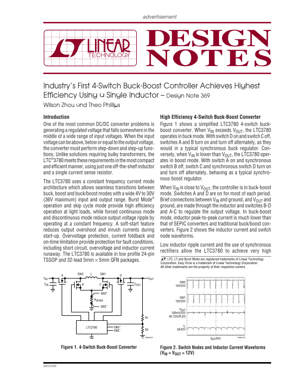 LINEAR Industry's First 4-Switch Buck-Boost Controller Achieves Highest Efficiency Using a Single Inductor – Design Note 369 - Page 1