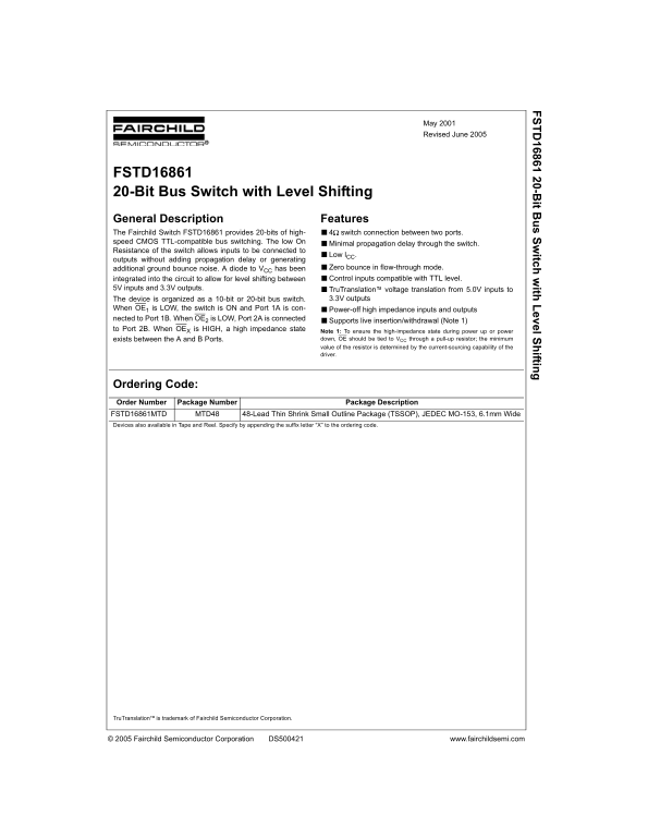FAIRCHILD FSTD16861 20-Bit Bus Switch with Level Shifting Data Manual - Page 1