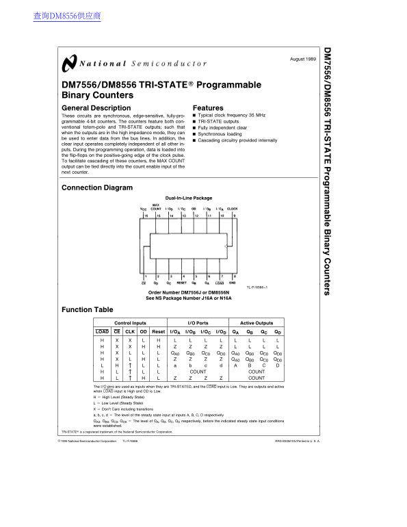 National Semiconductor DM7556 DM8556 Tri-State É Programmable Binary Counters Data Sheet - Page 1