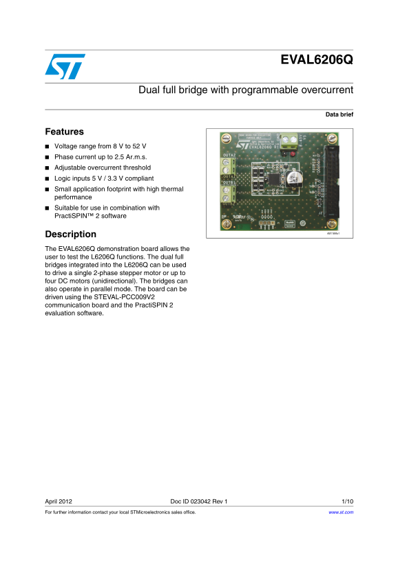ST EVAL6206Q Dual full bridge with programmable overcurrent Data Sheet User Manual - Page 1