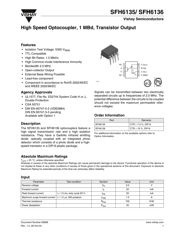 Vishay SFH6135 SFH6136 User Guide and Manual - Page 1