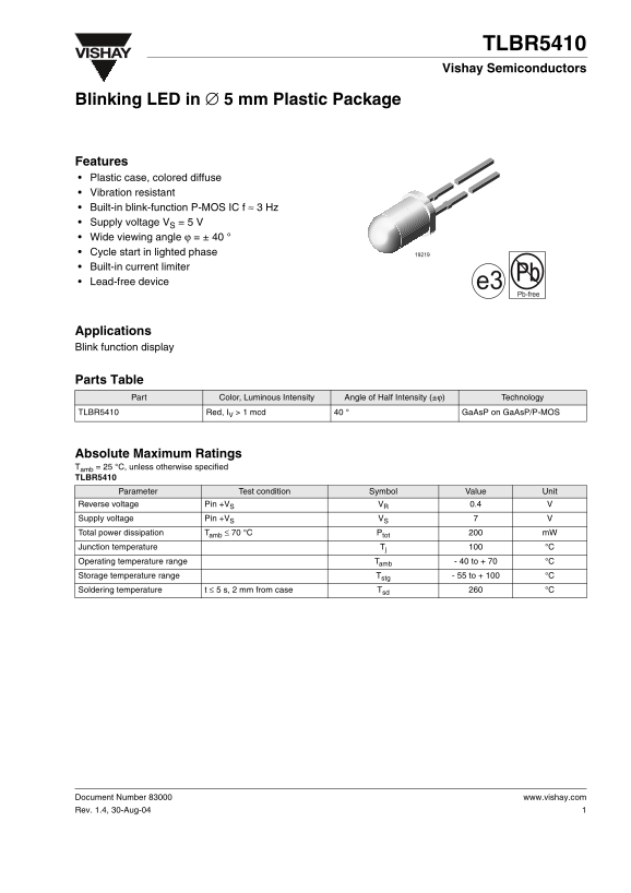 Vishay TLBR5410 Data Sheet - Blinking LED in ∅ 5 mm Plastic Package - Page 1