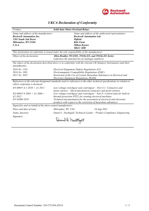 Rockwell Automation 193-ED1 Series Solid State Motor Overload Relays - UKCA DoC - Page 1