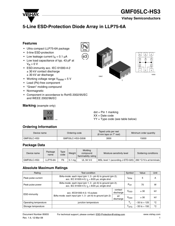 Vishay Semiconductor GMF05LC-HS3 5-Line ESD-Protection Diode Array in LLP75-6A Owner's Manual - User Guide - Page 1