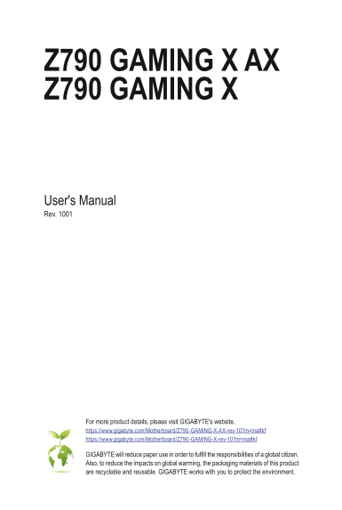 GIGABYTE Motherboard Z790 GAMING X (Rev.1.0) User Manual - English (Version 1001) - Page 1