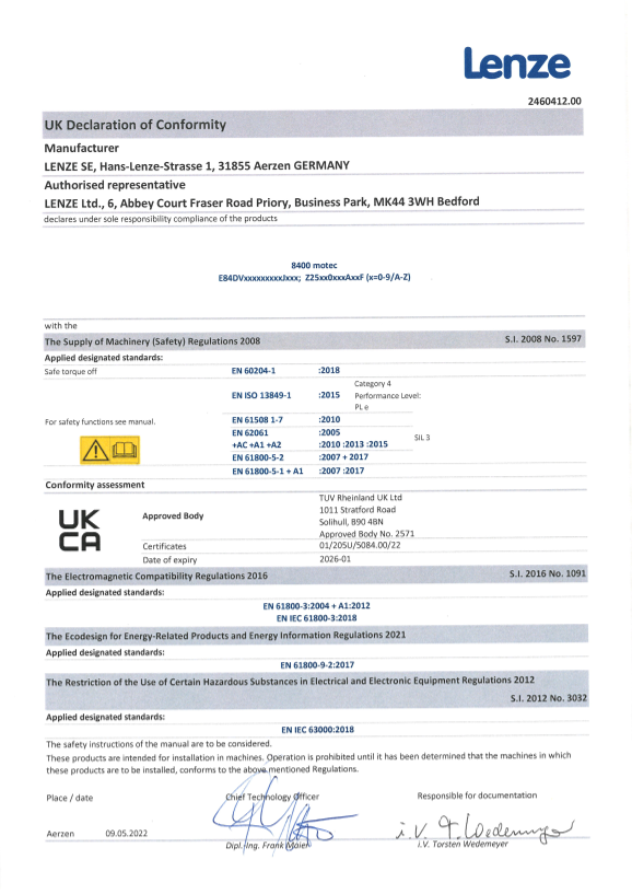 Lenze Safety-Components Safety Frequency Inverters 8400 Motec Safety SO10 Certification and Declaration UKCA DoC Inverter 8400 Motec Safety Option SO10 - Page 1